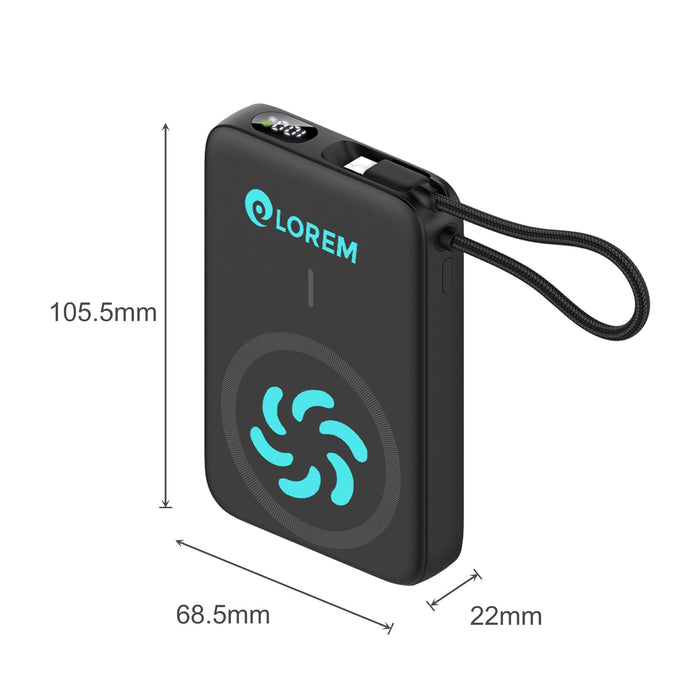 10000mAh Magnetic Wireless  Power Bank with Charging Cable - A black magnetic wireless power bank with a blue logo, measuring 105.5mm x 68.5mm x 22mm, includes a strap.