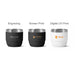 Stackable Stainless Steel Tumbler - Three stackable stainless steel tumblers in black and white, featuring different logos and prints.