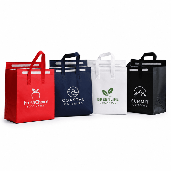 13L Insulated Reusable Bag - Five insulated reusable bags in red, navy, white, and black, each with handles and different logos.