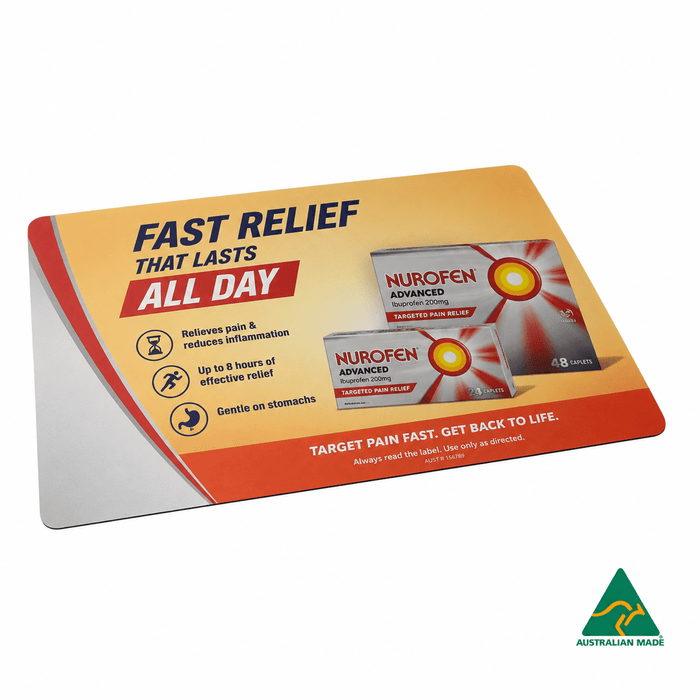 Deluxe Mouse Mat A4 (297mm x 210mm) - A promotional mouse mat featuring a brightly coloured design, highlighting pain relief with an image of Nurofen packs.