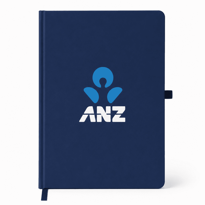 NFC A5 Smart Notebook - A navy A5 smart notebook with a logo on the cover and a matching ribbon bookmark.