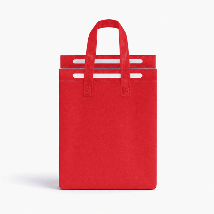 5L Insulated Reusable Bag - A red insulated reusable bag with two top handles, featuring a simple design and a logo on the front.