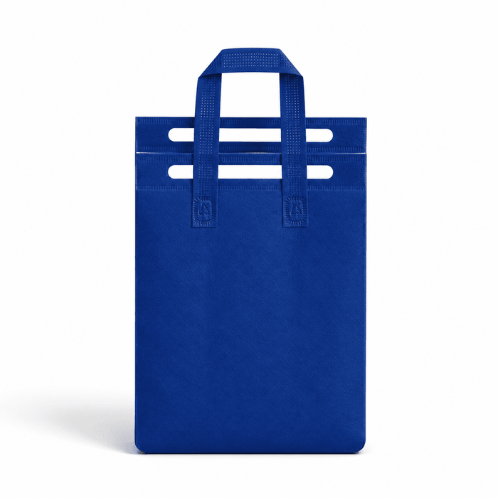 5L Insulated Reusable Bag - A blue insulated reusable bag with multiple handles and a smooth surface, featuring a logo.
