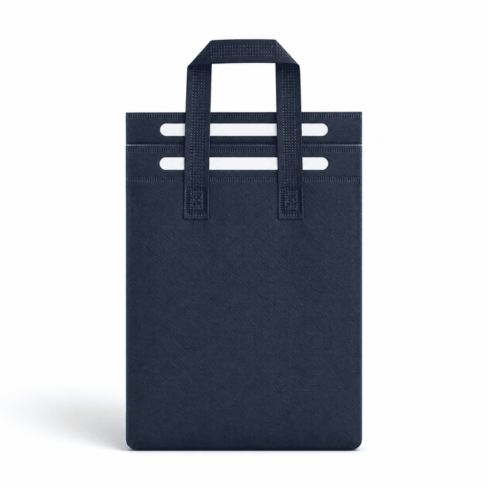 5L Insulated Reusable Bag - A navy blue insulated reusable bag with two handles and a simple design. It features a logo on the front.