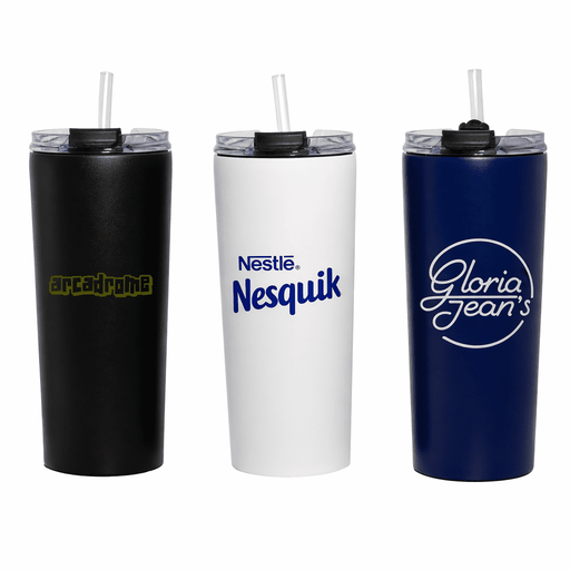 The Connor 600ml Vacuum Tumbler - Three vacuum tumblers in black, white, and navy blue, each with a straw and a logo on the front.
