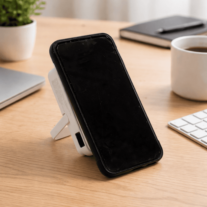 The Mellany 15W Wireless Charging Powerbank 10,000mAh - A wireless charging power bank in white, with a smartphone mounted on it, set on a wooden desk.