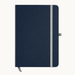 Discovery A5 Notebook - A navy blue A5 notebook with a grey elastic band and a ribbon bookmark. It features a logo on the cover.