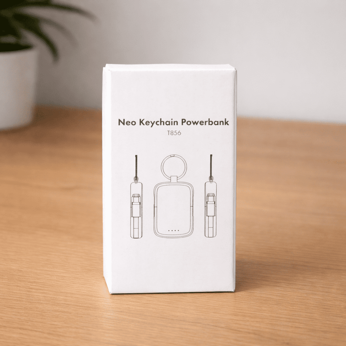 Neo Keychain Powerbank 2000mAh - A white box containing the Neo Keychain Powerbank, featuring illustrations of the powerbank design and keychain attachment.