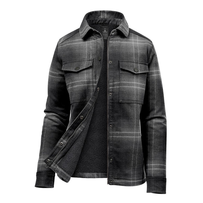 Women's Highland Sherpa Lined Plaid Jacket - A Women's plaid jacket featuring a black and grey pattern with a sherpa lining, button-up front, and chest pockets.