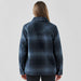 Women's Highland Sherpa Lined Plaid Jacket - A women's plaid jacket in navy blue with a sherpa lining, featuring a button-up front and a logo on the back.