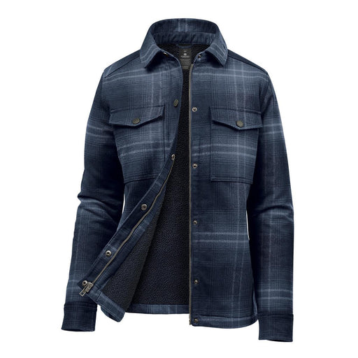Women's Highland Sherpa Lined Plaid Jacket - A women's plaid jacket in navy blue, featuring a Sherpa lining and two chest pockets. It has a branded logo.