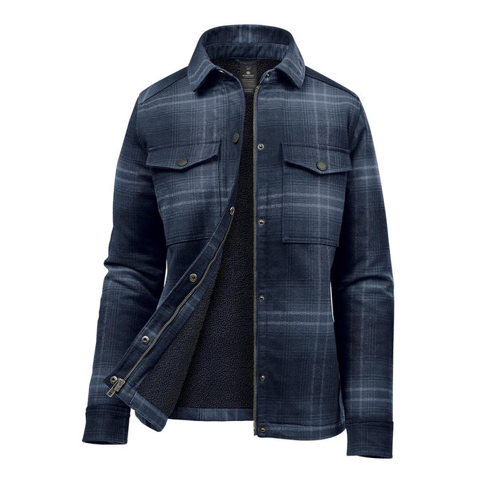 Women's Highland Sherpa Lined Plaid Jacket - A women's plaid jacket in navy blue, featuring a Sherpa lining and two chest pockets. It has a branded logo.