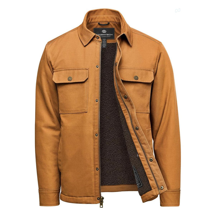 Men's Oxide Sherpa Lined Canvas Jacket - A men's jacket in a warm brown hue with a Sherpa lining and two front pockets, featuring a logo on the interior.