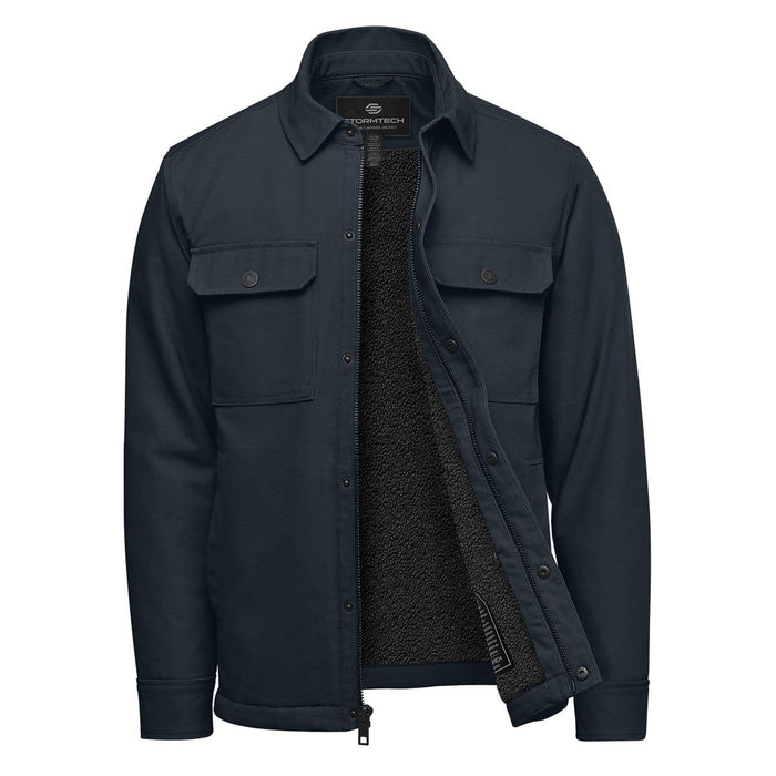 Men's Oxide Sherpa Lined Canvas Jacket - A navy men's jacket featuring a Sherpa-lined interior and two front pockets, with branding visible inside.