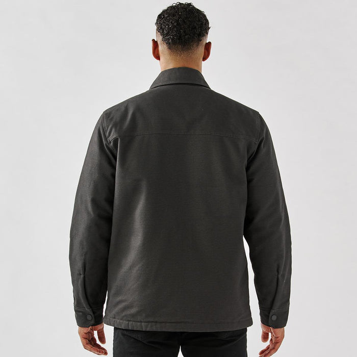 Men's Oxide Sherpa Lined Canvas Jacket - A men's oxide Sherpa lined canvas jacket in dark grey, featuring a collar and long sleeves.
