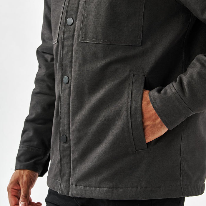 Men's Oxide Sherpa Lined Canvas Jacket - Men's jacket in dark grey, featuring a Sherpa lining and a front pocket. Includes a branded logo.
