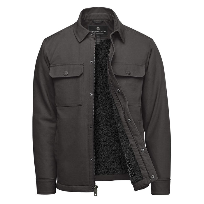 Men's Oxide Sherpa Lined Canvas Jacket - A men's oxford grey jacket with a sherpa lining, featuring two chest pockets and a zip-front opening.