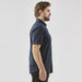Men's Sonora Short Sleeve Knit Shirt - A side view of a navy blue men's short sleeve button-up shirt, featuring a collar and a logo.