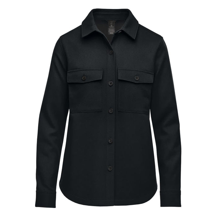 Women's Highland Plaid Shacket - A black women's shacket featuring a button front, two chest pockets, and long sleeves. There is a logo on the inside label.