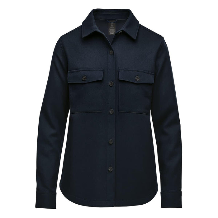 Women's Highland Plaid Shacket - A navy blue women's shacket with a button-up front and two chest pockets. It features long sleeves and a classic collar.