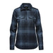 Women's Highland Plaid Shacket - A women's shacket in navy and light blue plaid featuring a button-up front and two chest pockets, with a logo.