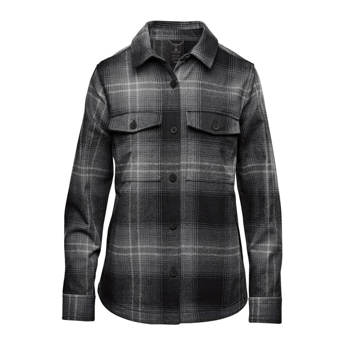 Women's Highland Plaid Shacket - A women's shacket in a black and grey highland plaid pattern, featuring a button-up front and two chest pockets.