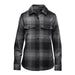 Women's Highland Plaid Shacket - A women's shacket in a black and grey highland plaid pattern, featuring a button-up front and two chest pockets.