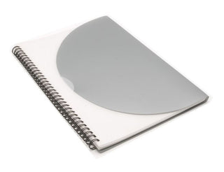 Curve Notepad-Large- Silver A4 - A large silver A4 notepad with a spiral binding and a transparent cover. It features a logo on the front.