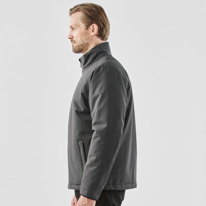 Men's Athabasca Thermal Jacket - A grey men's Athabasca thermal jacket, featuring a zip closure and a standing collar, displayed from the side.