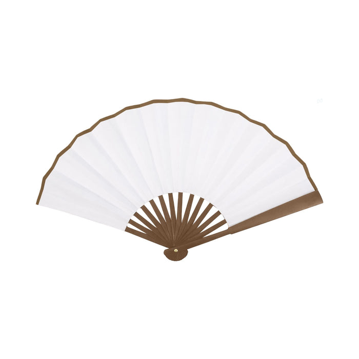 8inch Bamboo Fabric Hand Fan - A bamboo fabric hand fan with a brown frame and white fabric panels, featuring a logo on the handle.