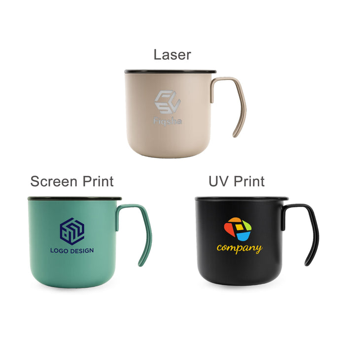 350ML Camping Stainless Steel Insulated Mug - A stainless steel insulated mug in tan, green, and black, each featuring different logos and prints.