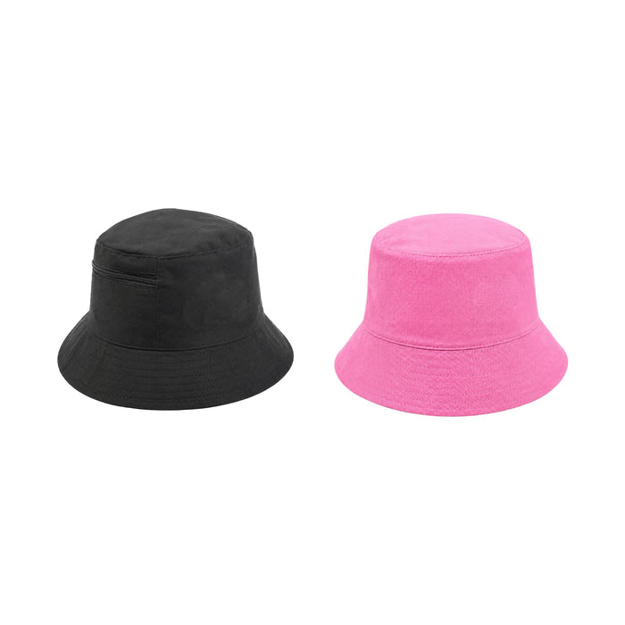 Bucket Hat with Card Pocket - A black and a pink bucket hat with a card pocket, featuring a classic bucket shape and soft fabric.