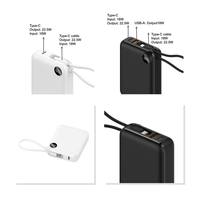 10000mAh Power Bank with Charging Cable - A 10,000mAh power bank in black and white with USB ports and integrated charging cables. Contains a logo.