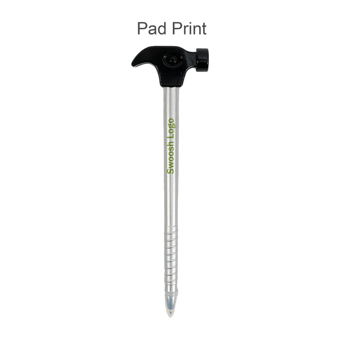 Hammer Shape Ballpoint Pen - A hammer-shaped ballpoint pen with a silver barrel and a black top, featuring a logo.