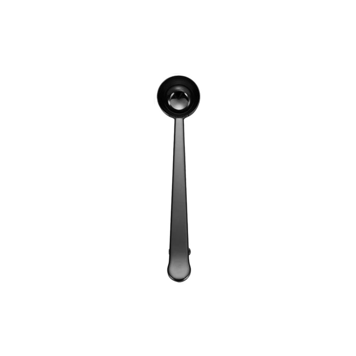 Coffee Measuring Spoon With Clip - A black coffee measuring spoon with a clip, featuring a long handle and scoop at the end.