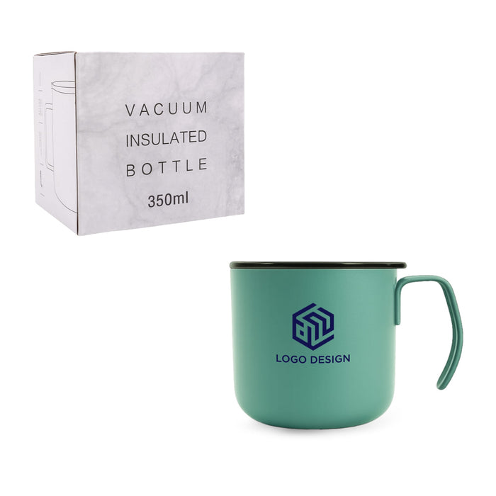 350ML Camping Stainless Steel Insulated Mug - A drink bottle featuring a mint green finish and a handle, accompanied by a box for a 350ml insulated mug.