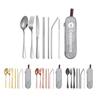 Stainless Steel Flatware Set 7pcs - A stainless steel flatware set with seven pieces, including spoons, forks, knives, and straws, in multiple colours with a case.