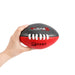 Mini Aussie Rules Ball - A hand holds a Mini Aussie Rules Ball, featuring black and red colours with white laces and a logo.