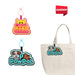 Custom Felt Hanging Tag - Custom felt hanging tags in pink and blue, featuring playful designs, attached to a beige tote bag.