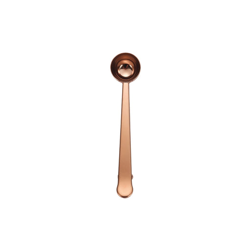 Coffee Measuring Spoon With Clip - A copper coffee measuring spoon with a clip, featuring a long handle and a rounded scoop at the end.