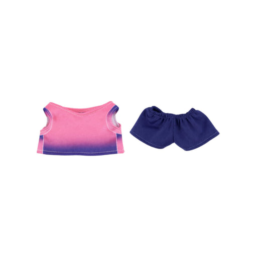 Plush Doll Jersey Outfit (15–17cm Doll) - A pink and purple gradient top with a matching pair of navy shorts for 15–17cm dolls, featuring a logo.