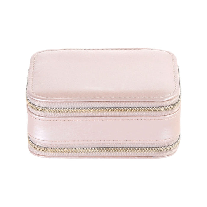 Fashion PU Leather Jewellery Case with Mirror - A pink PU leather jewellery case featuring a zip closure and a mirror inside. It has a simple, elegant design.