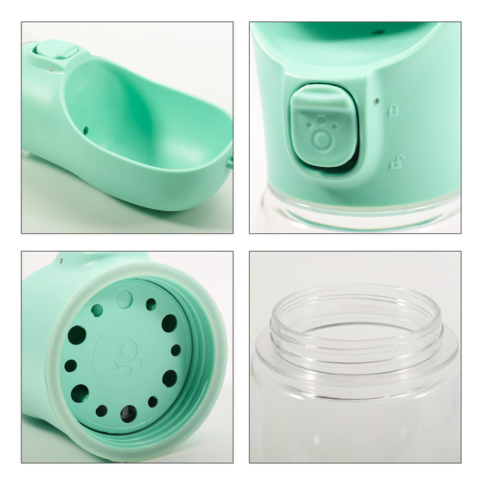300ml Portable Pet Water Bottle - A drink bottle with a mint green hue and a clear water reservoir, featuring a button mechanism and drainage holes.