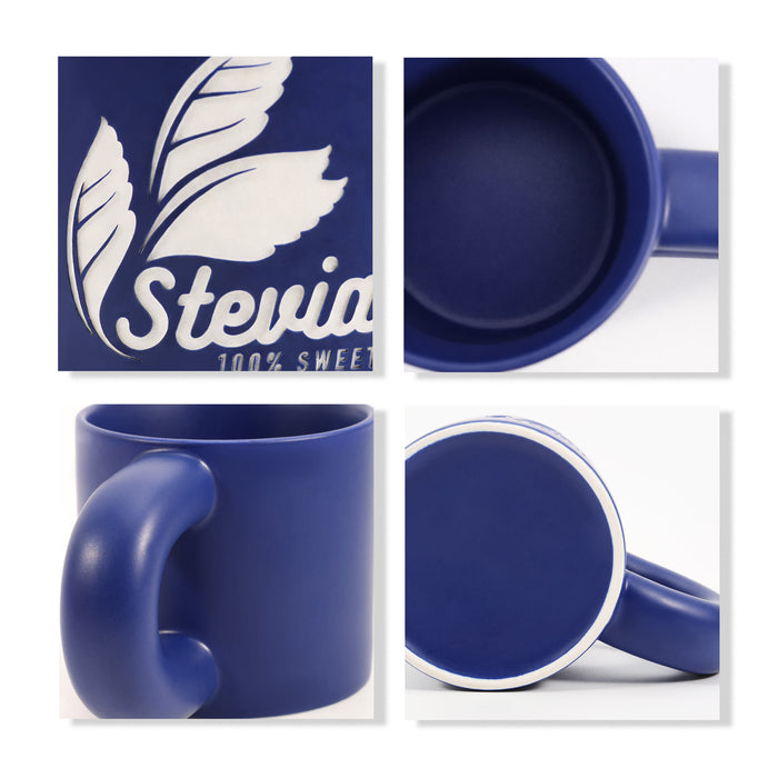 Laser Engraving Ceramic Coffee Mug - A navy blue ceramic coffee mug featuring a smooth finish and a prominent handle, with a logo on one side.