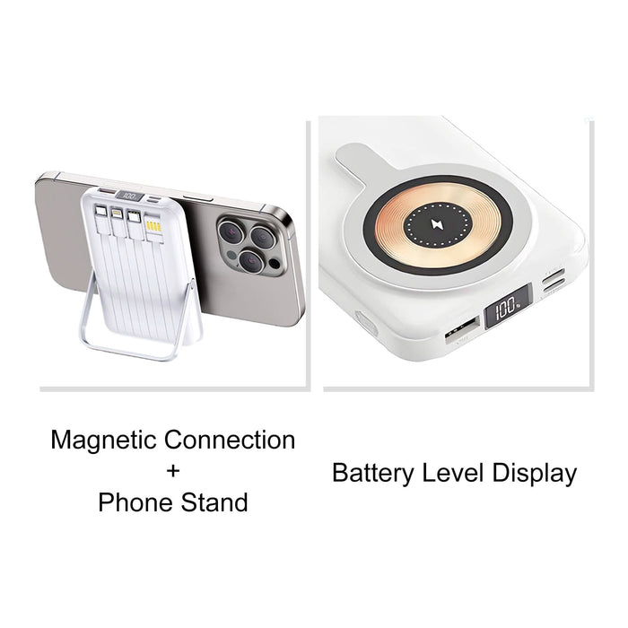 10000mAh 6 in 1 Magnetic Wireless  Power Bank - A white 10000mAh magnetic wireless power bank with a phone stand and battery level display. Features a logo.