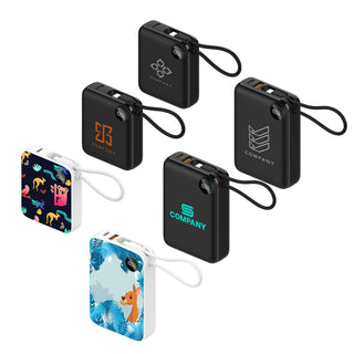 10000mAh Power Bank with Charging Cable - Five power banks in black and white, featuring various designs and a charging cable attached to each.