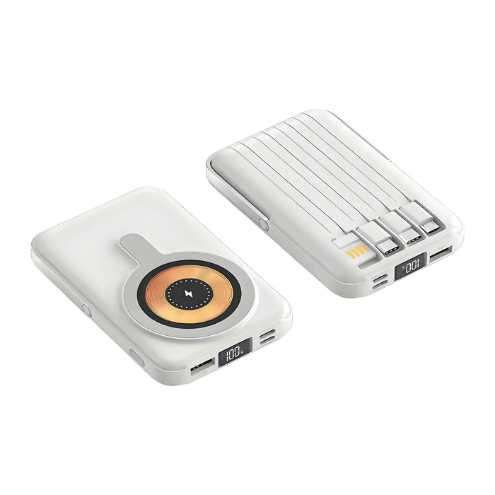 10000mAh 6 in 1 Magnetic Wireless  Power Bank - A white magnetic wireless power bank with a circular charging pad and multiple USB ports. It has a logo and LED display.