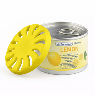 Air Freshener – Lemon - A yellow air freshener can with a citrus aroma, featuring a lid shaped like a sun and a label indicating "Lemon".