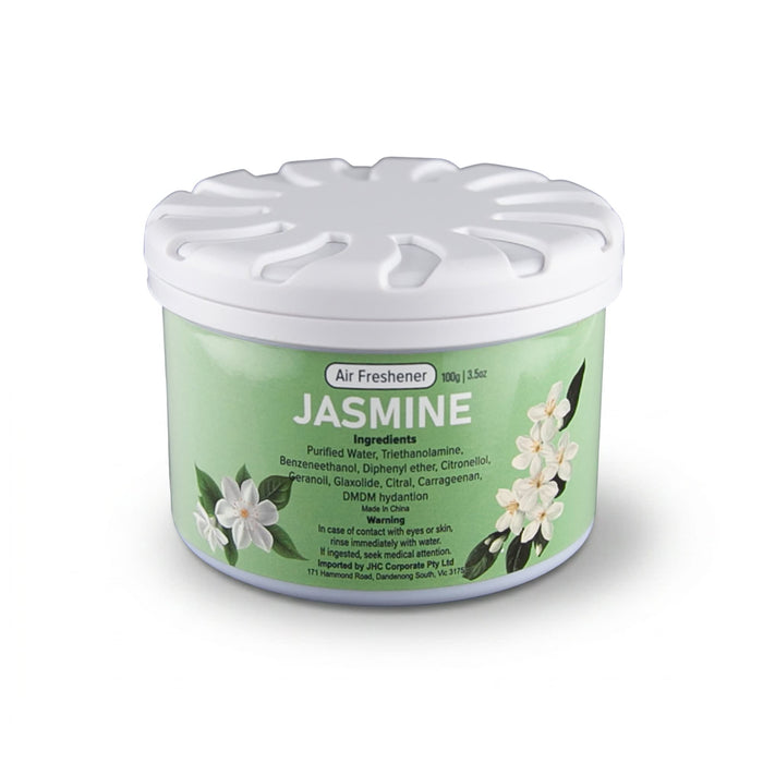 Air Freshener – Jasmine - A round, white container of jasmine air freshener with a floral design and a branding logo.