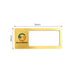 Reusable Metal Name Badge - A reusable metal name badge in gold with a clear window and a logo. Dimensions are 76mm by 38mm.